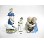 Three Royal Copenhagen Porcelain Figures, Large Goose Girl 527, Children with Dog 707 and Standing