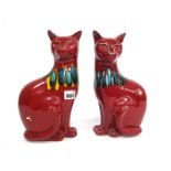 A Pair of Poole Pottery Cats, in the red Delphis designs with turquoise, ochre and black bands,