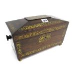 A Mid XIX Century Rosewood Tea Caddy, of sarcophagus form with brass inlaid decoration, the interior