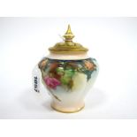 A Royal Worcester Porcelain Vase and Pierced Cover, of ovoid moulded form, painted with pink and