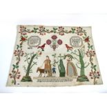 A Mid XIX Century Sampler, worked in wool with religious passages, figures, birds, trees, flowers,