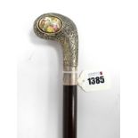 A Walking Cane with Silver Handle, stamped 925, of golf club head shape with a pill box on side,
