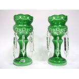 A Pair of Early XX Century Green Flashed Glass Table Lustres, with cut decoration and hung with