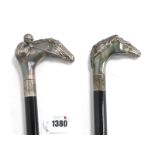 Two Modern Walking Sticks/Canes, each with horse handles/pommels, stamped 925, 92cm long. (2)