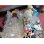 Glassware, dolls, Wade decanter, etc:- Two Boxes.