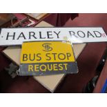 Sheffield Street Sign - Harley Road, S11, together with a S.T.D Bus Stop Request sign. (2)