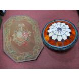 Tiffany Style Light Shade, 34.5cm diameter. a XIX Century needlework floral panel. (2)