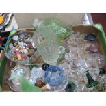 A Collection of Glass Stoppers, 1920's green glass posy bowl, glass vase, etc:- One Box.