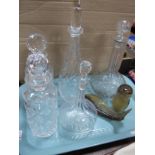 Brierley and Other Cylindrical Decanters, two bulbous and one ovoid examples, Wedgwood fish and