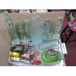 A Dinky Heinz Bedford Van, Matchbox and other die cast vehicles, glass bottles:- One Tray.