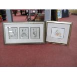 Two nursery pictures, teddy bears ink and Beatrix Potter bunnies watercolours, by Sandy Johnson,