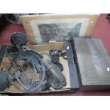 Cast Metal Wall Brackets, together with glass shades, pewter box, XIX Century print:- Two Boxes.