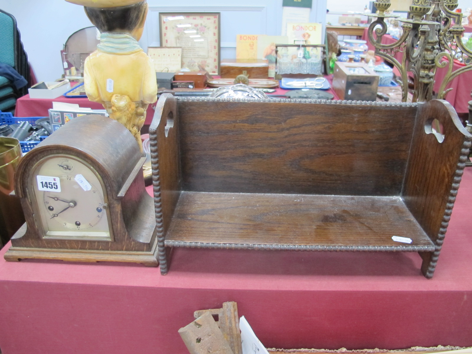 A XX Century Oak Mantle Clock, with a silver chapter ring, Arabic numbers, together with a 1920's