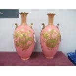 Royal Crown Derby Pair of Salmon Pink Porcelain Vases, of ovoid form, each with gilt handles, lute