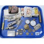 Silver Fob Watch, (glass absent), gold plated pocket watch, whistles, coins badges, Vesta case,