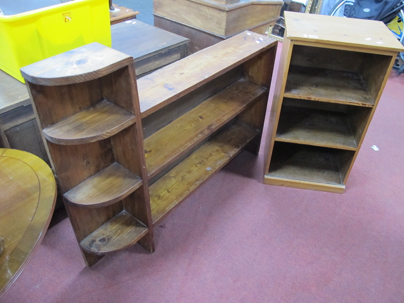 Pine Bookshelves, with two shelves, together with pine wall hanging shelves. (2)