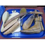 A Silver Backed Hair Brush, ivorine example shoe trees, etc:- One Tray.