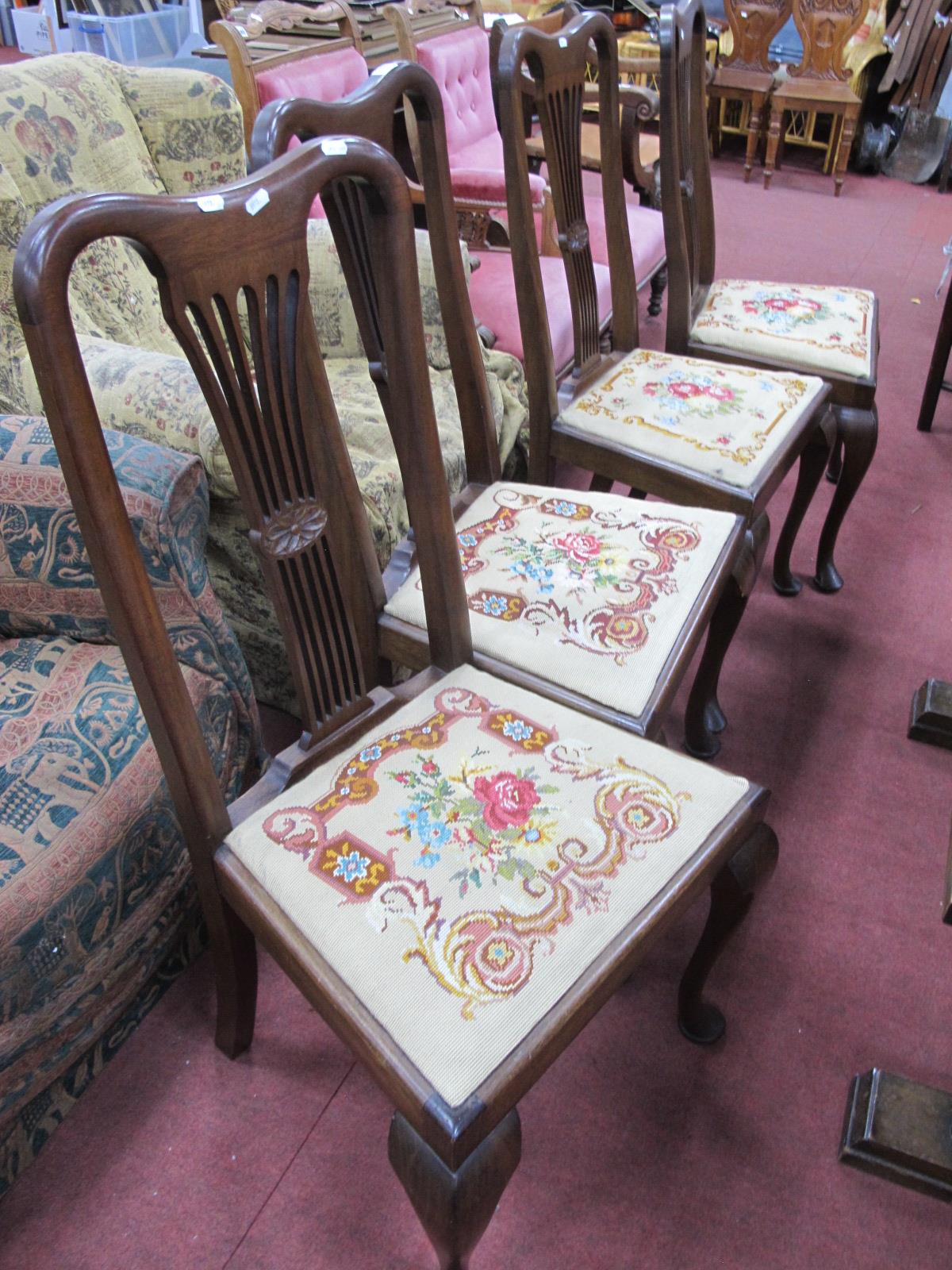 A Set of Early XX Century Mahogany Dining Chairs, with pierced splats drop in seats, on cabriole