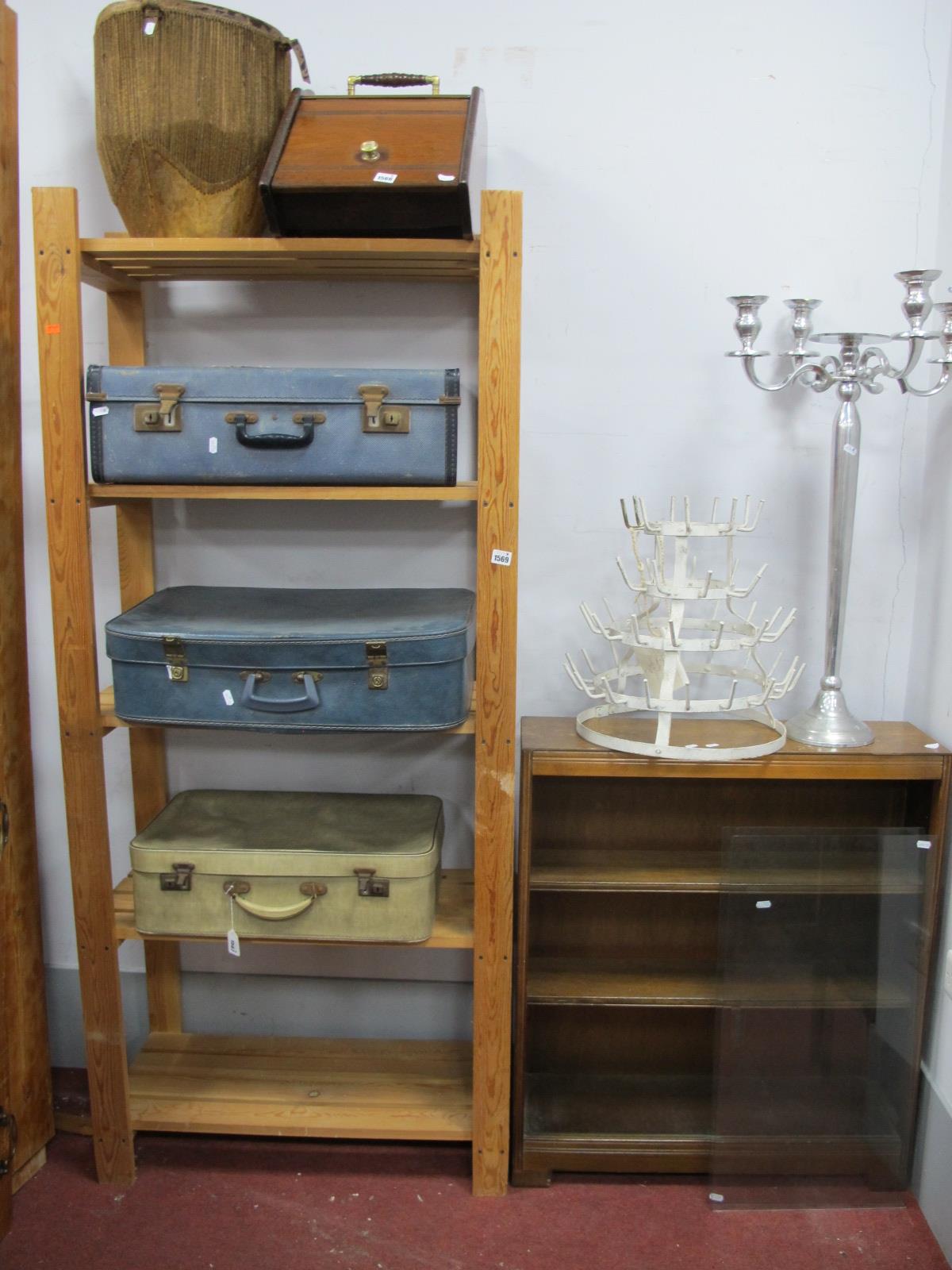 Pine Shelves; together with an oak bookcase, with sliding glass doors. (2)