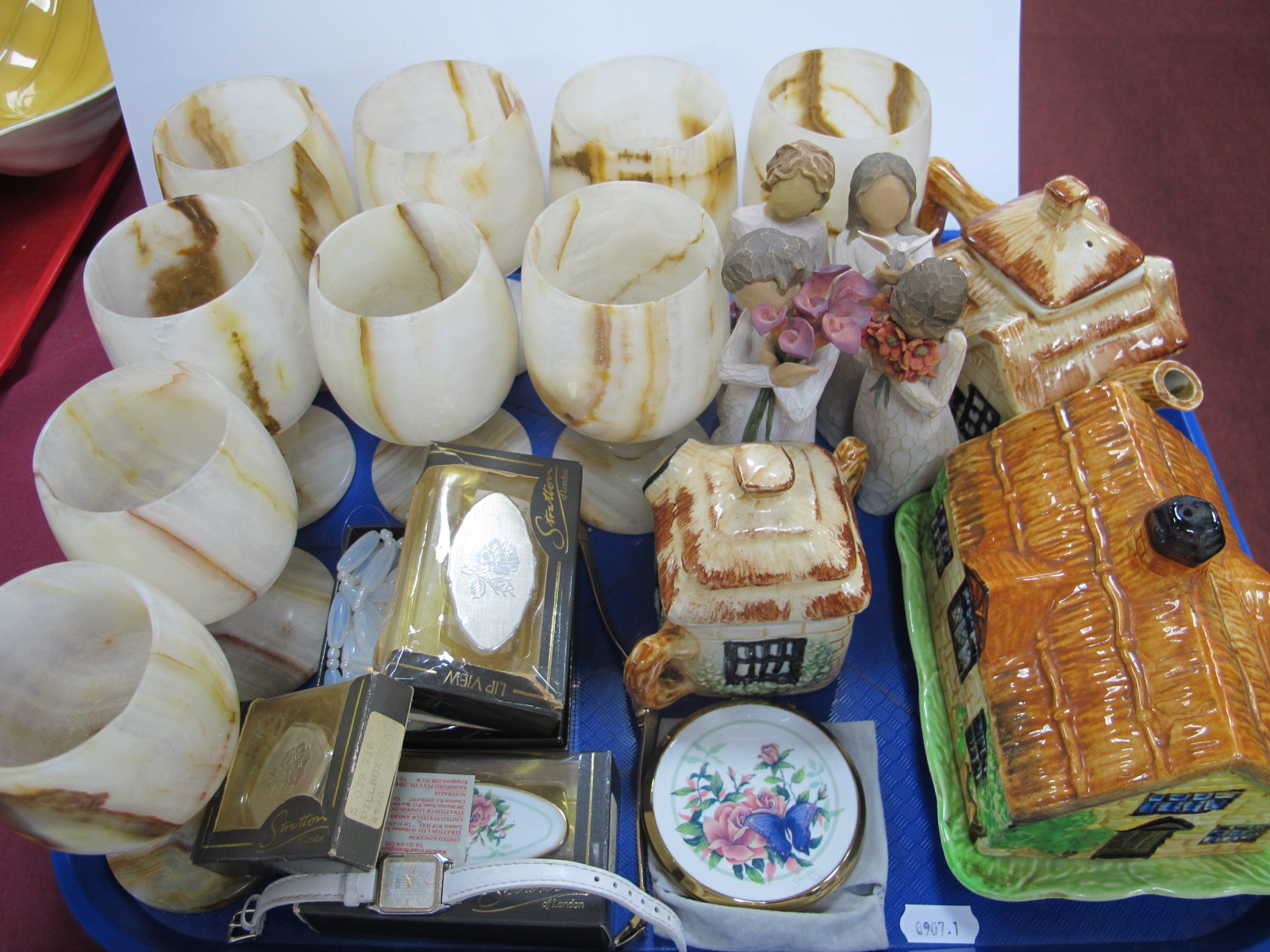 Onyx Goblets, two Seiko ladies watches, cottage ware, compactums Willow tree figures:- One Tray.