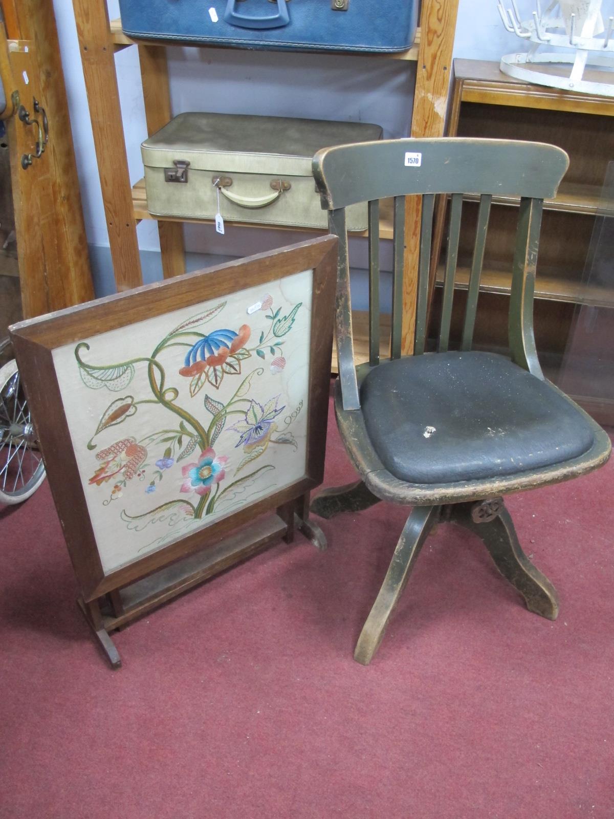 Swivel Painted Office Chair, circa mid XX Century with rail back on cruciform base, oak framed