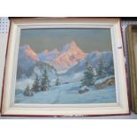 R Gerson, Alpine Study with sunlit mountains in distance, oil on canvas, signed lower right, 39.5