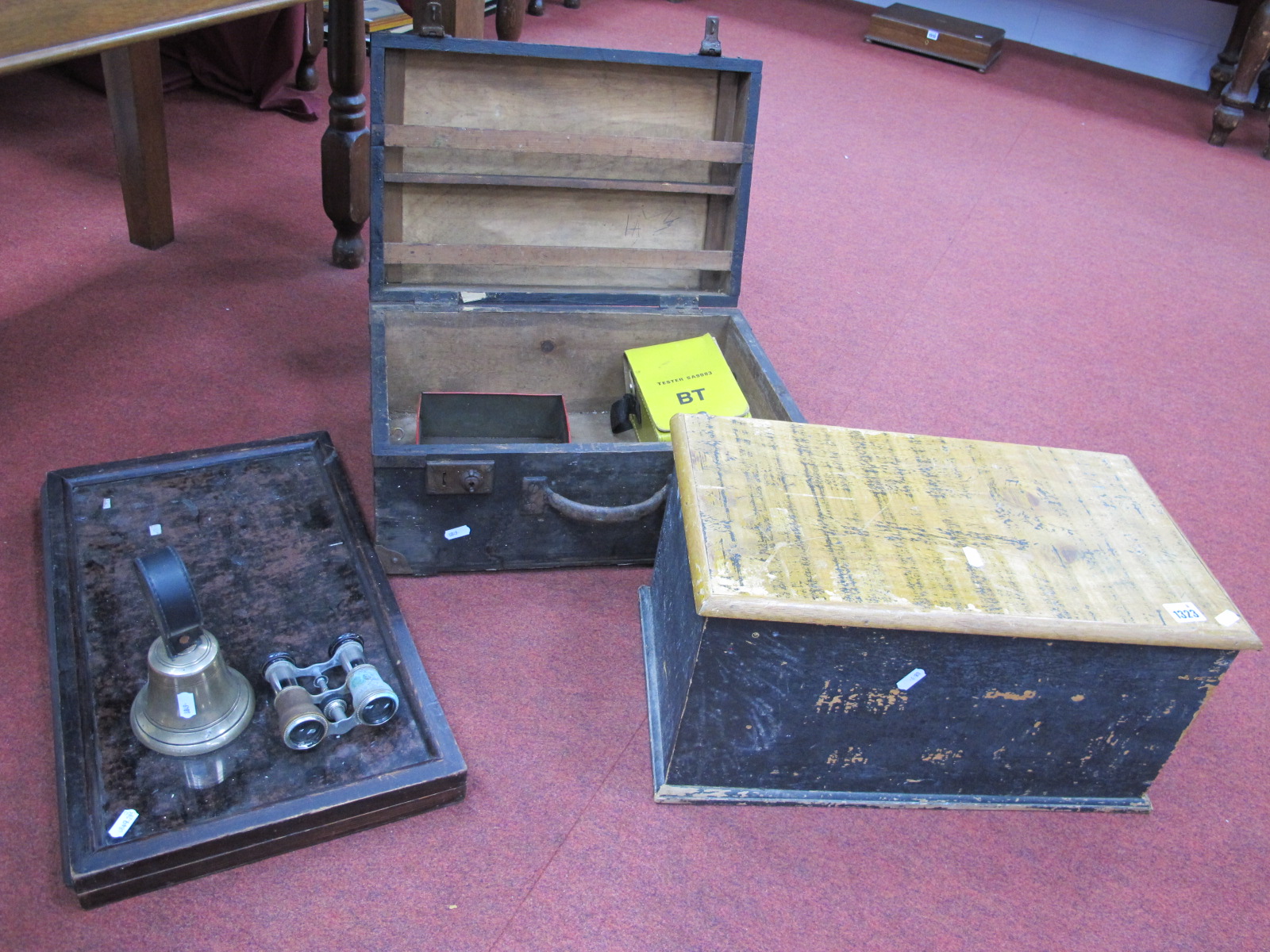 A Painted Box, together with other box, display cabinet, brass hand bell, BT tester, opera glasses.