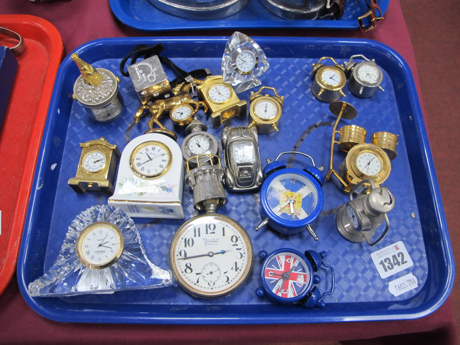 Connhill Pocket Watch, mini clocks, Cathedral crystal clock, etc:- One Tray.