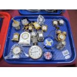 Connhill Pocket Watch, mini clocks, Cathedral crystal clock, etc:- One Tray.