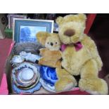 A Teddy Bear, pair of blue-white plates, print, etc:- One Box.