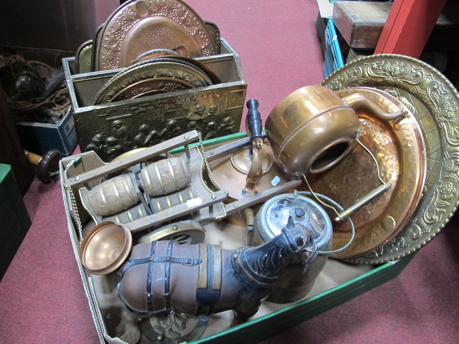 Two Copper Kettles, brass and copper plaques, magazine rack, horse and cart, biscuit barrel, plus