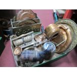 Two Copper Kettles, brass and copper plaques, magazine rack, horse and cart, biscuit barrel, plus