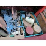 A Tractor Seat, irons tins, etc, boot scraper:- Two Boxes.