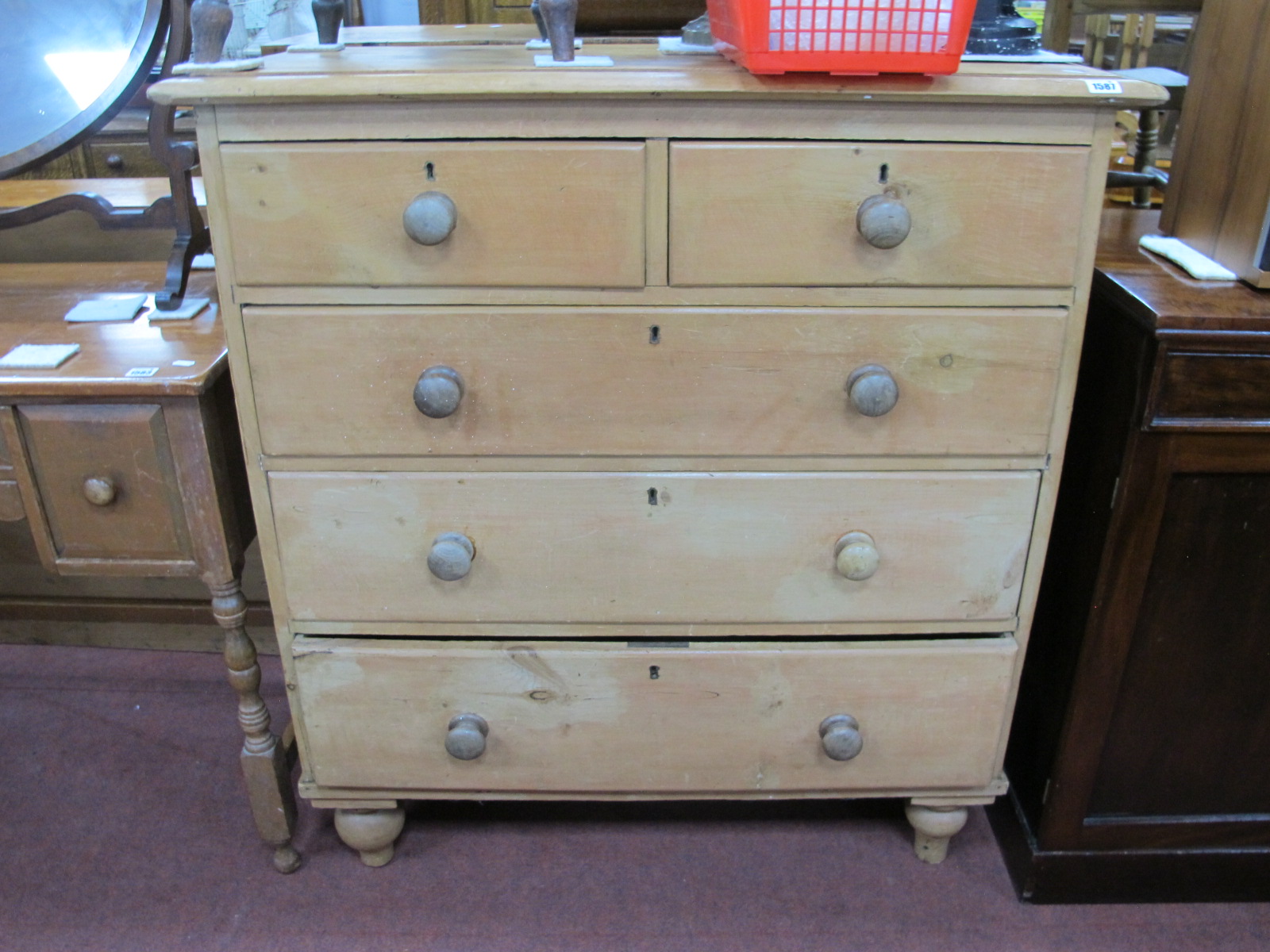 A XIX Century Pine Chest of Drawers, two short drawers, three long drawers, on turned supports, 90cm