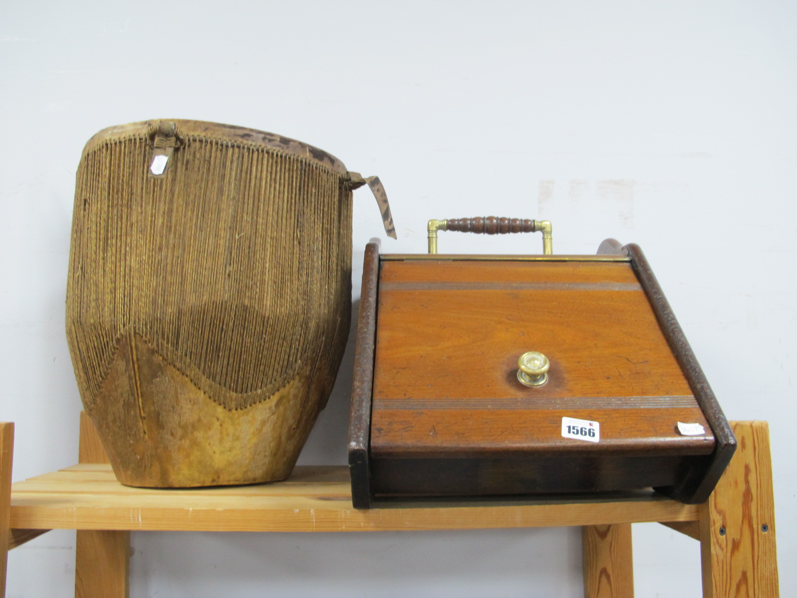 An Early Walnut Coal Box, together with an African drum 2).