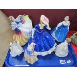 Royal Doulton Figures 'Mary' (20cm high), 'Lauren', 'Kay' plus three others smaller. (6).
