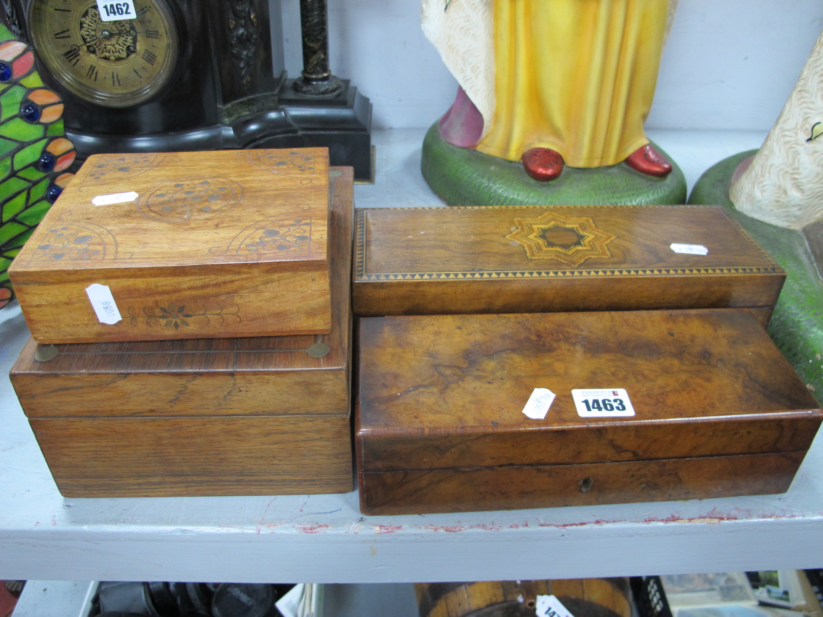 A XIX Century Rosewood Jewel Case, with brass inlay, 25cm wide. Walnut glove box with marquetry top.