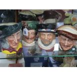 Royal Doulton Large Character Jugs, Drake, The Cavalier, Pied Piper, and Beefeaters. (4)