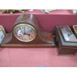 A XIX Century Mahogany Tea Caddy, (damaged) 24cm wide, dome topped mantle clock. (2).