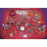 Assorted Gilt Metal Costume Jewellery, including brooches, pendants on chains, compact ashtray,