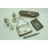 A Hallmarked Silver Backed Brush, (damages), hallmarked silver and plated pepperettes, decorative