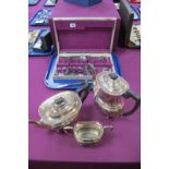 A Plated Three Piece Tea Set, (lacking jug) each with reed and reel border, on pad feet; together