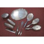 A Matched Hallmarked Silver Dressing Table Set, each piece with engine turned decoration and