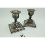 A Pair of Hallmarked Silver Dwarf Candlesticks, (makers marks rubbed) Birmingham 1924, with ribbon