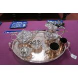 A Decorative EPBM Four Piece Tea Set, a XIX Century copper mug, plated oval twin handled tray, etc.