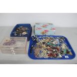 A Mixed Lot of Assorted Costume Jewellery, decorative floral trinket box, trinket drawers, blue
