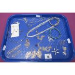 925 and Other Necklaces, chains, earrings, a hinged bangle, bead bracelets etc :- One Tray