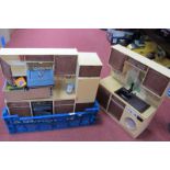 1970's Sindy Kitchen Units and Accessories, by Pedigree to include hob/oven, sink, fridge, utensils,