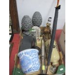 Gilded Table Lamp, stoneware foot warmer, parasol with bakelite handle, microphone, etc:- One Box