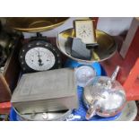 Sochncle Scales and Other Set, Walker and Hall teapot, teaspoons, Timemaster clock, pewter bowl